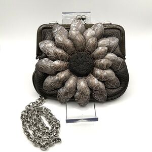 Brighton Black Leather Flower Evening Bag Clutch Chain Strap Y2K